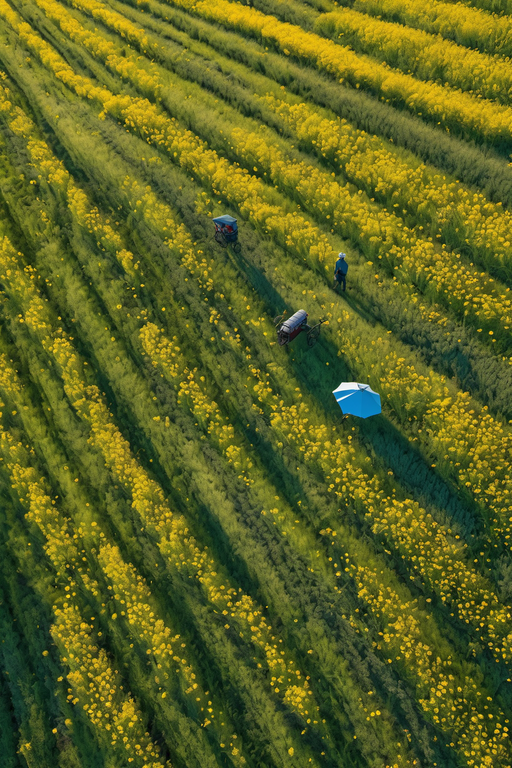 An aerial view of a vibrant yellow flower field with rows of crops and small figures.