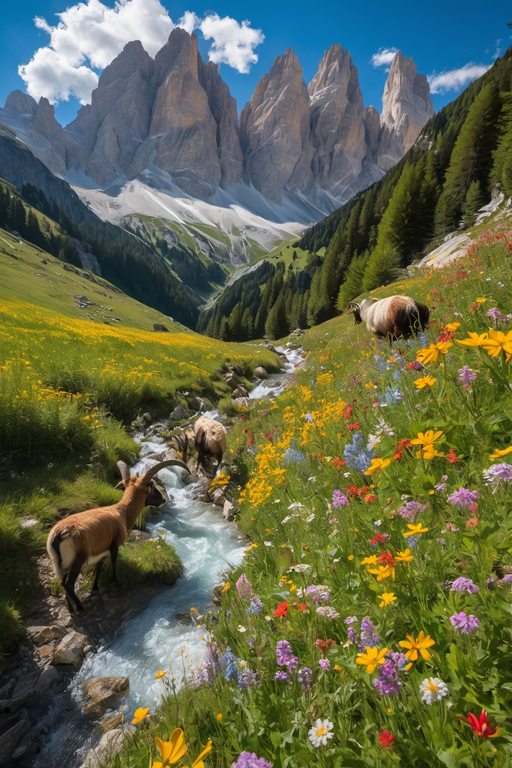 Wild goats grazing in a lush alpine meadow with towering mountain peaks and colorful wildflowers.