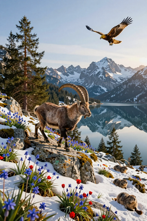 An alpine ibex stands on a snowy rock near an eagle soaring over mountain peaks and a lake.
