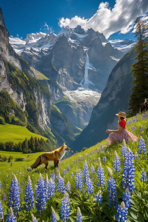 A serene scene featuring a fox and a woman amidst blue wildflowers and towering snowy mountains.