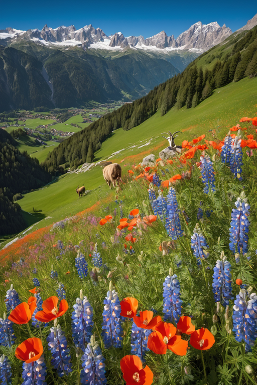 A person walks through a vibrant alpine meadow filled with blue lupines and orange poppies under mountain peaks.