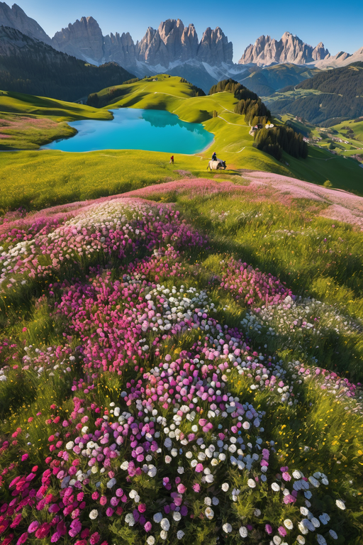 A breathtaking mountain landscape featuring a turquoise lake surrounded by lush green hills and vibrant wildflowers.