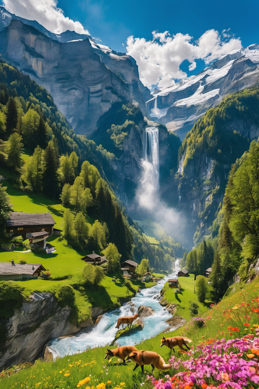A breathtaking alpine landscape featuring a cascading waterfall, snowy mountains, and foxes running through a wildflower meadow.