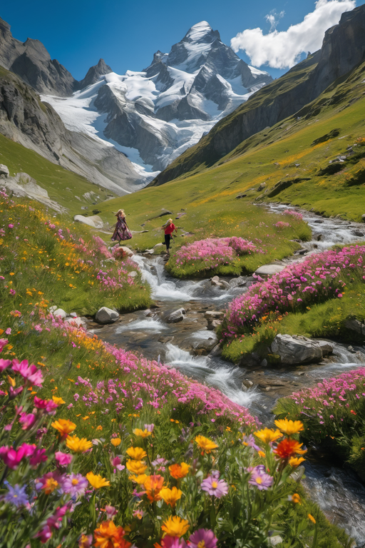 A person walks through a vibrant alpine meadow filled with wildflowers near a flowing mountain stream.