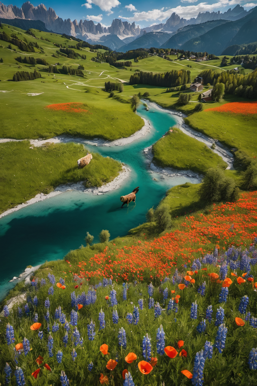 A breathtaking alpine landscape featuring a winding turquoise river flowing through lush green meadows filled with wildflowers.