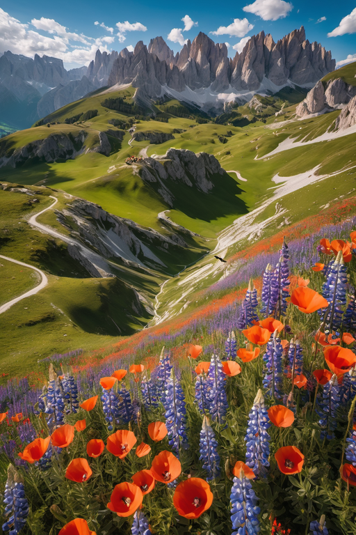 A breathtaking view of vibrant red poppies and blue lupines blooming in a lush mountain valley.