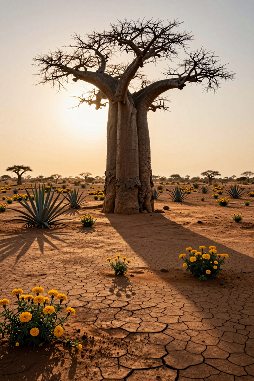 A majestic baobab tree stands in a parched, cracked landscape under the warm glow of the sun.