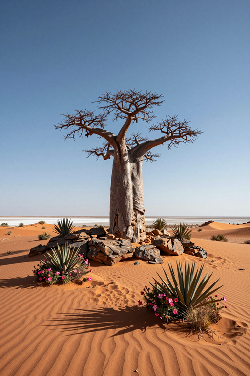 A majestic baobab tree stands alone amidst desert sand dunes under a clear blue sky.