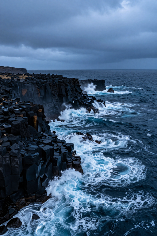 Dramatic basalt columns meeting the crashing waves of a dark, moody ocean coastline.