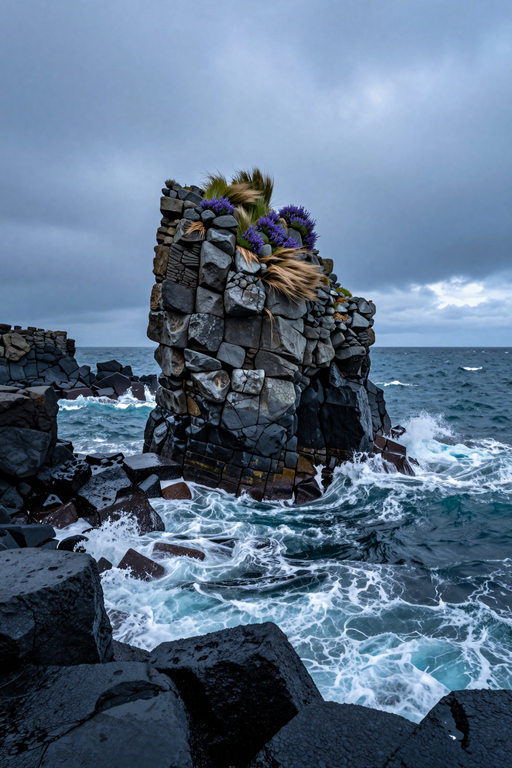 A dramatic basalt rock formation with purple flowers rising from the churning ocean waves.