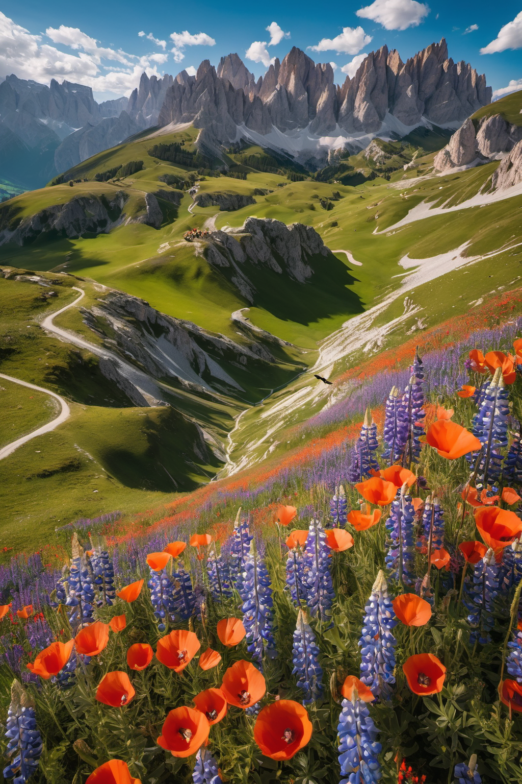 A breathtaking view of vibrant red poppies and blue lupines blooming in a lush mountain valley.