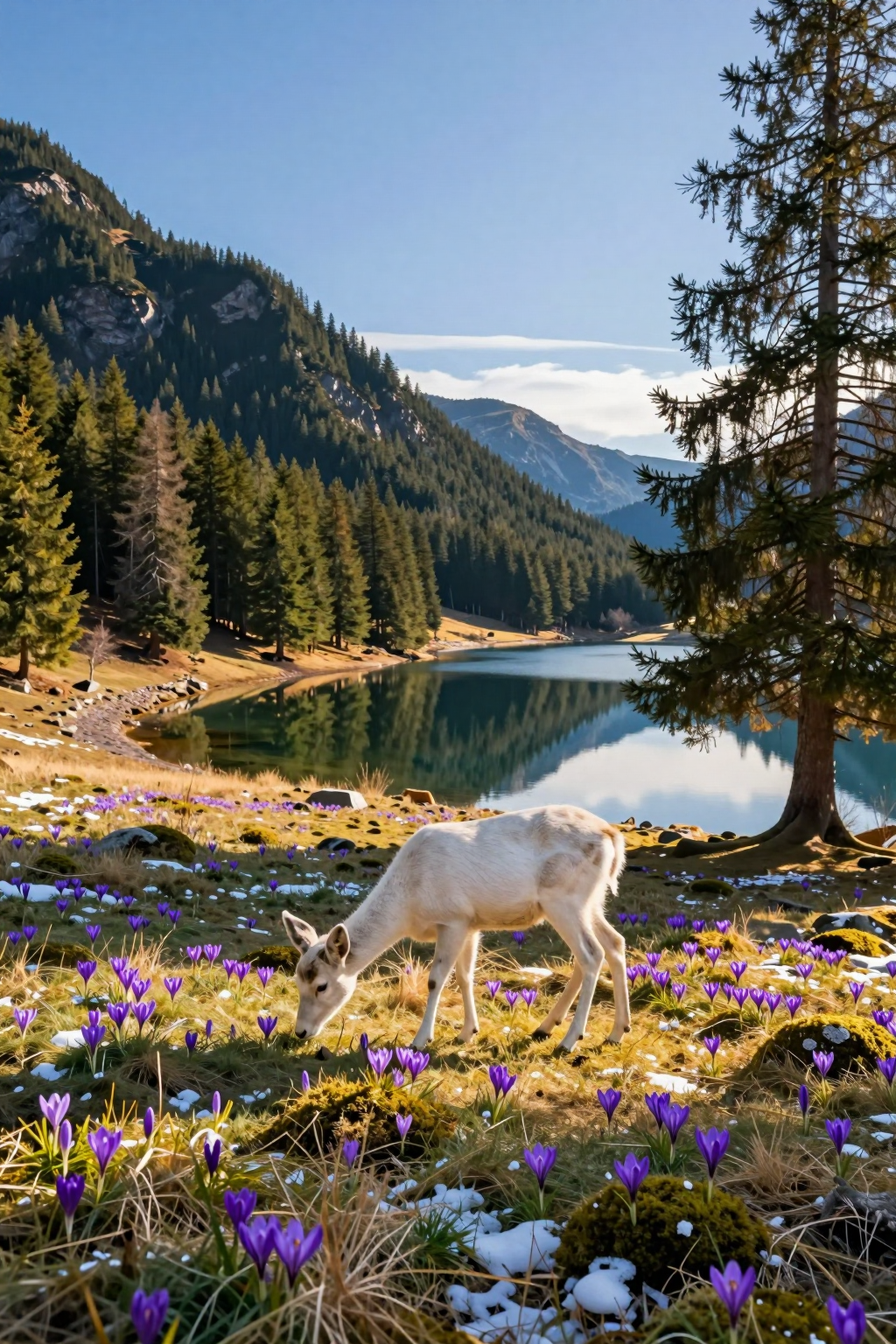 A young deer grazes in a meadow of purple crocuses near a serene mountain lake.