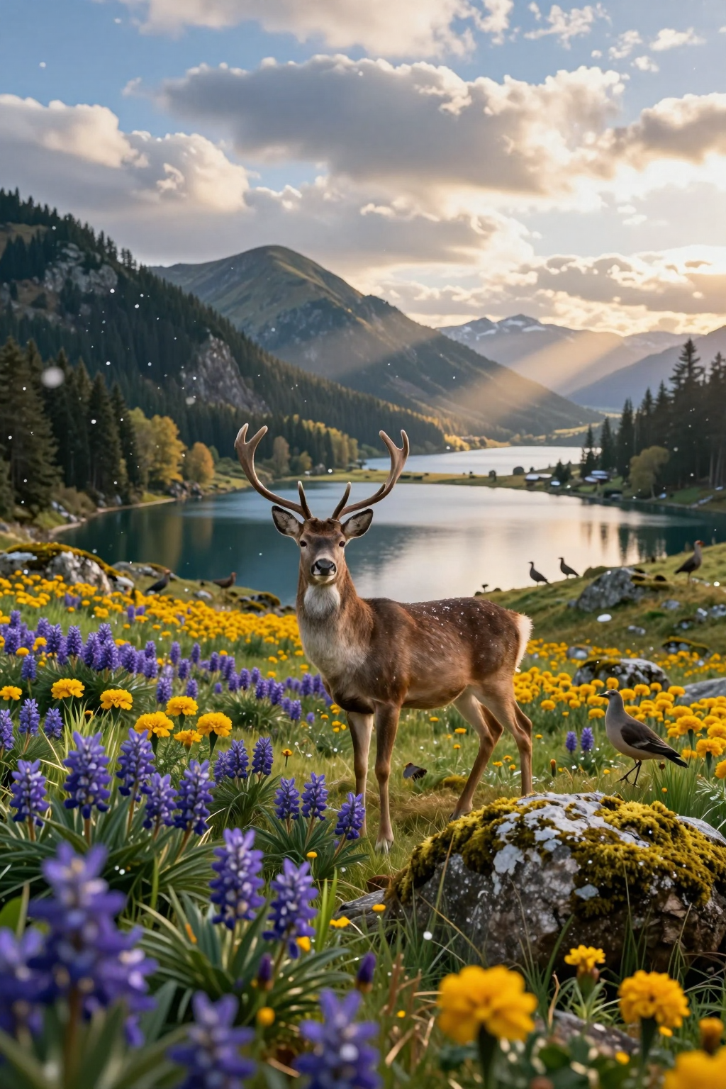 A majestic deer stands in a vibrant meadow of wildflowers with mountains and a lake in the background.