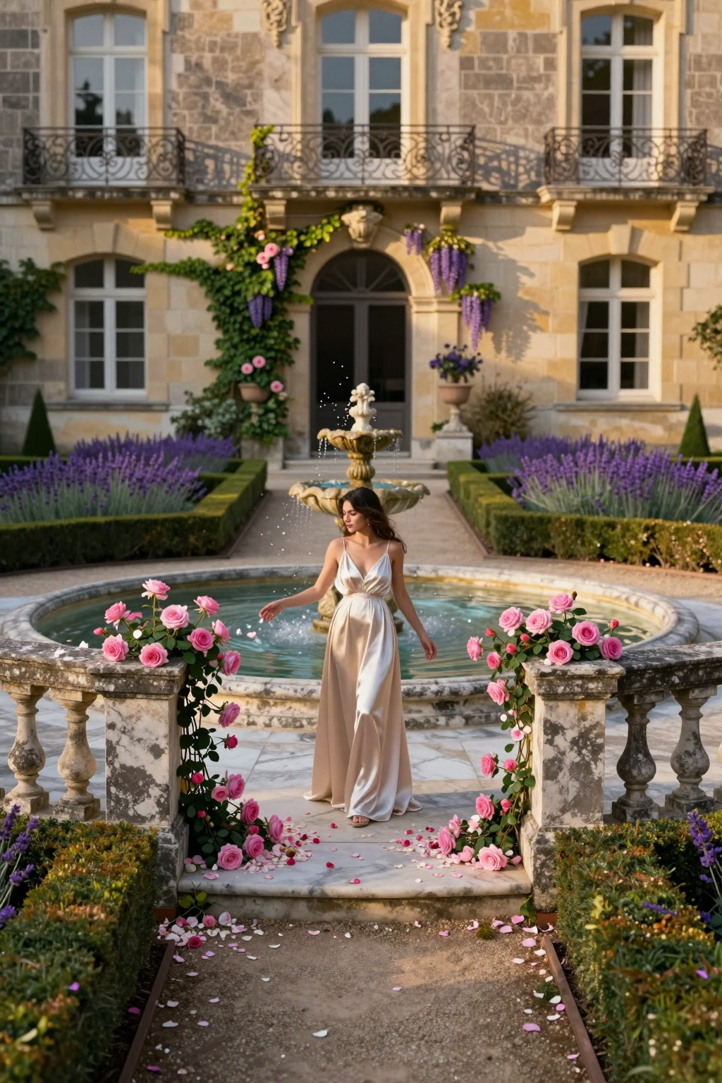 An elegant woman in a champagne satin dress stands by a fountain surrounded by blooming pink roses.