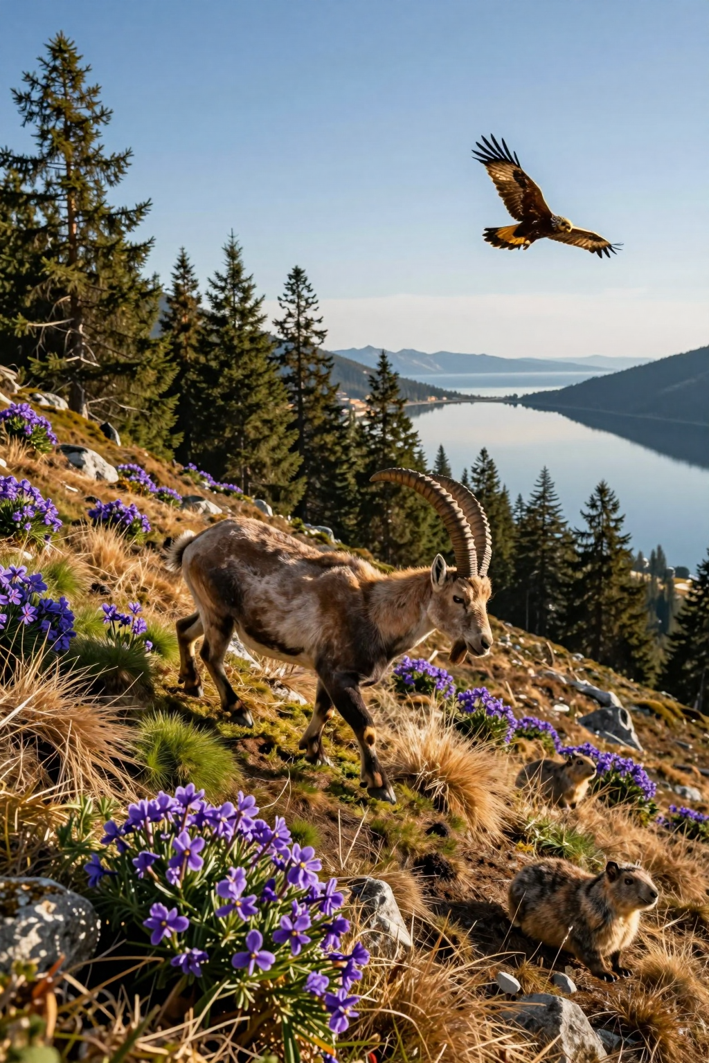An ibex walks through a mountain meadow with wildflowers near a serene lake under a clear sky.