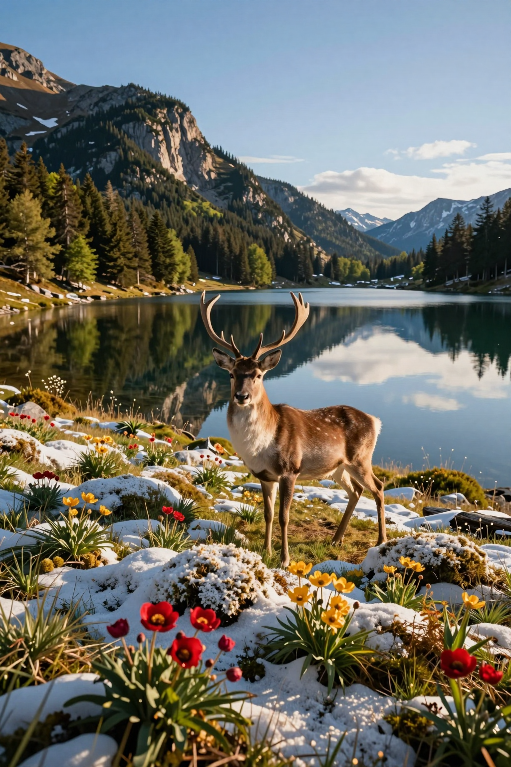 A majestic deer stands amidst wildflowers and snow near a serene mountain lake.