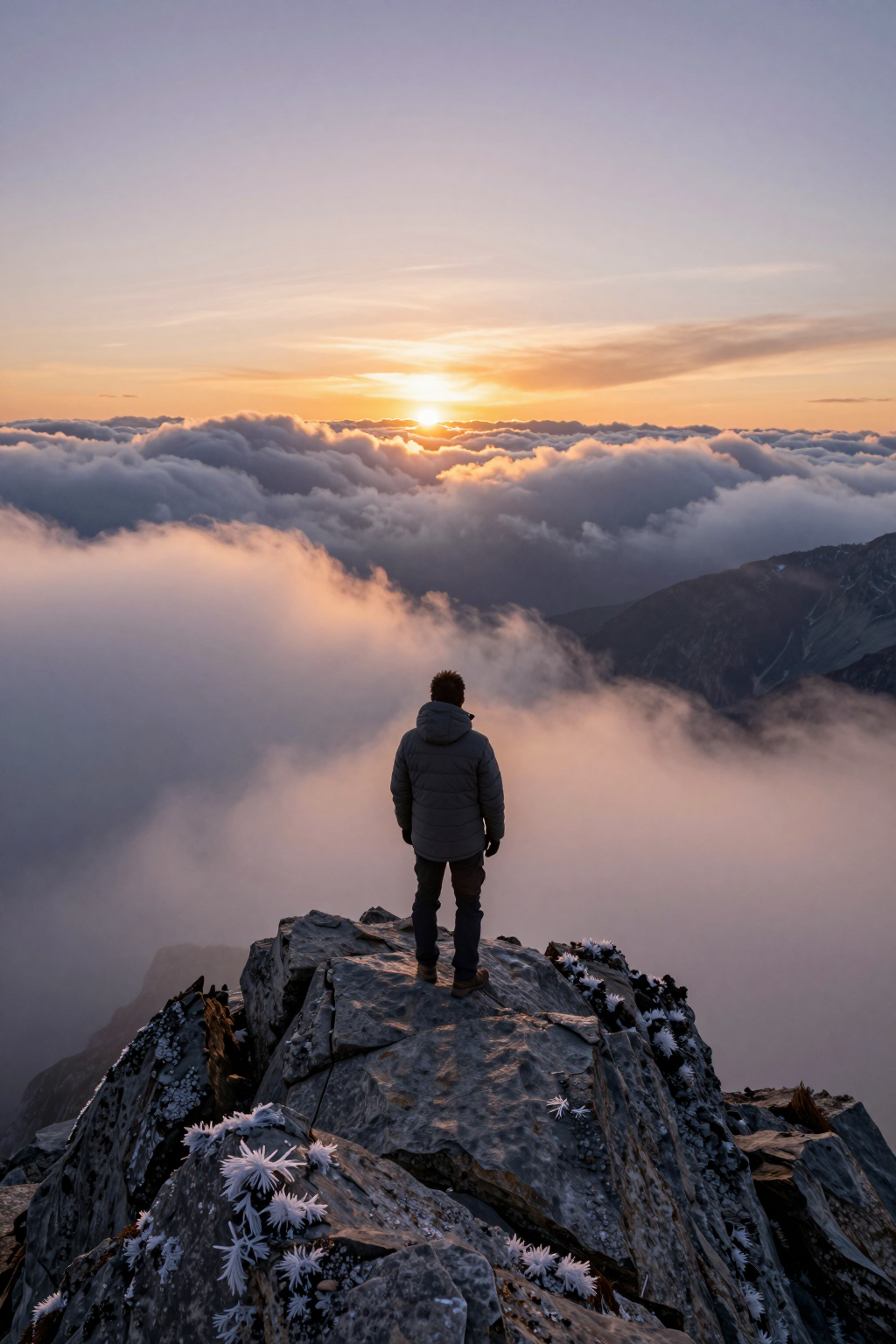 A person stands on a rocky mountain peak overlooking a vast sea of clouds at sunset.