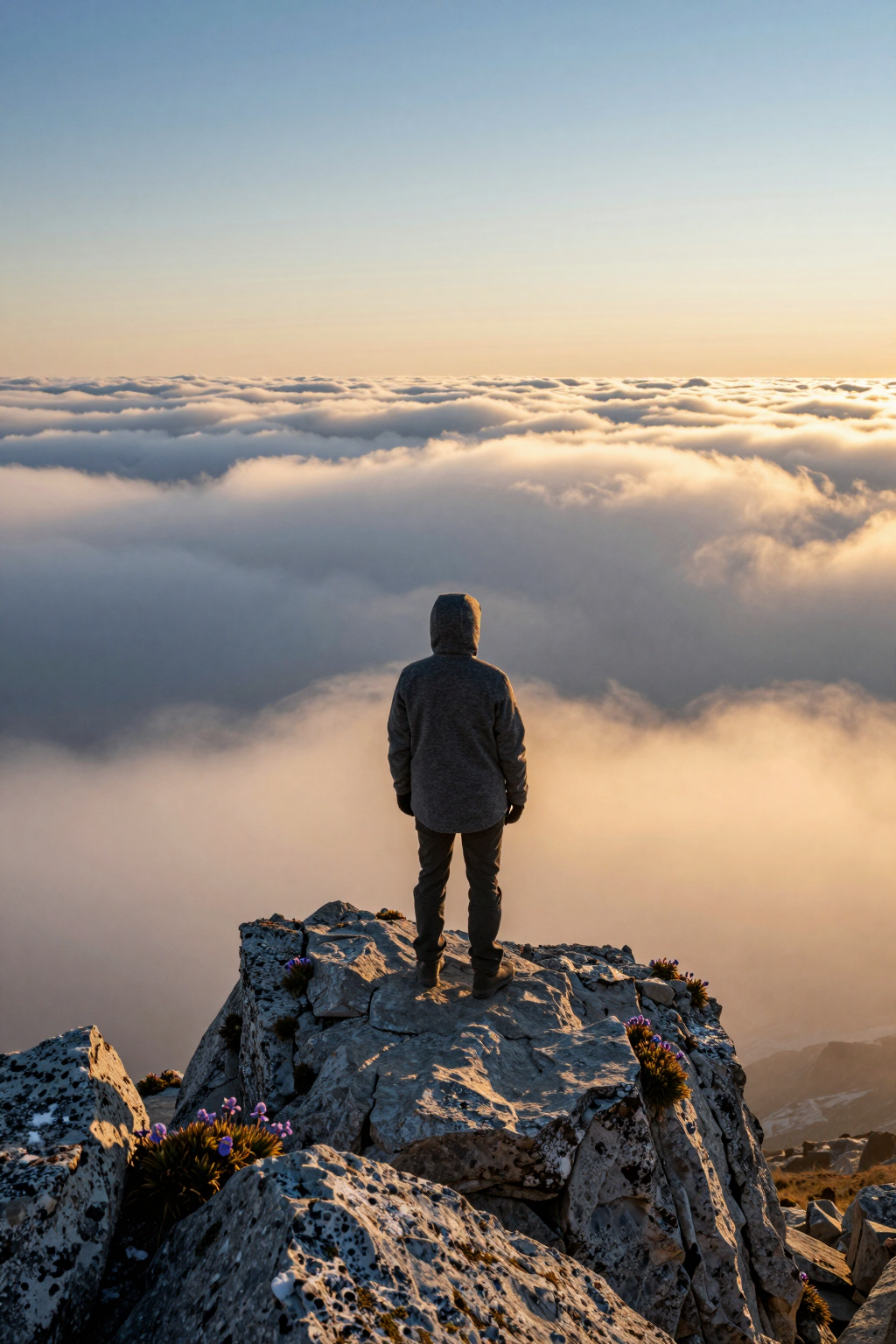 A lone man stands atop a rocky peak overlooking a vast sea of clouds at sunset.