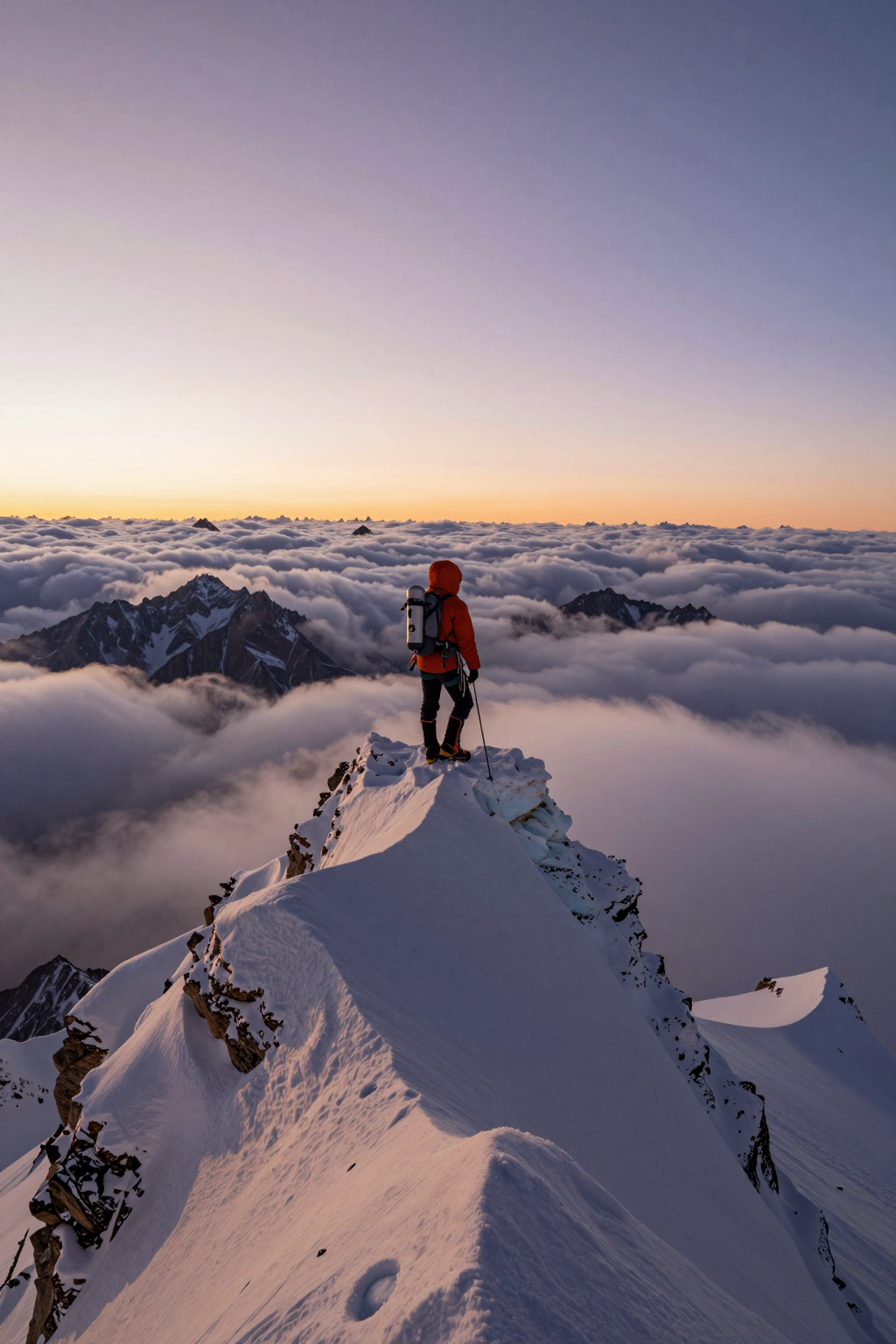 A lone mountaineer stands atop a snowy peak overlooking a vast sea of clouds at sunset.