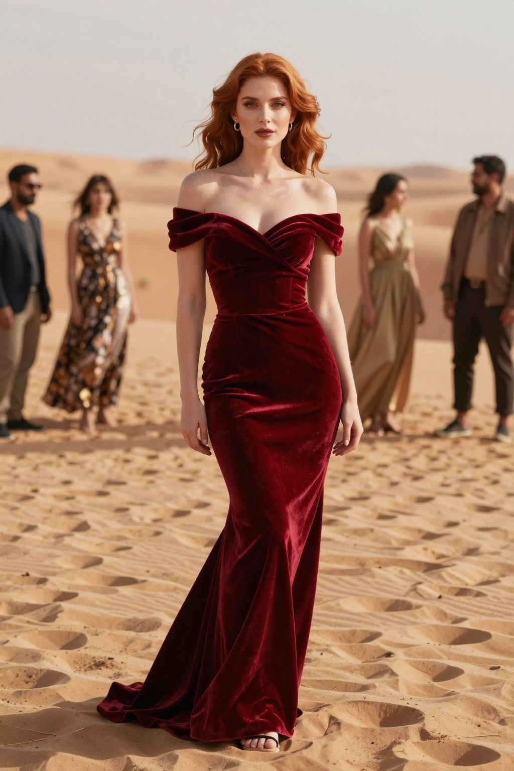An elegant woman in a long red velvet dress poses amidst desert sand dunes.