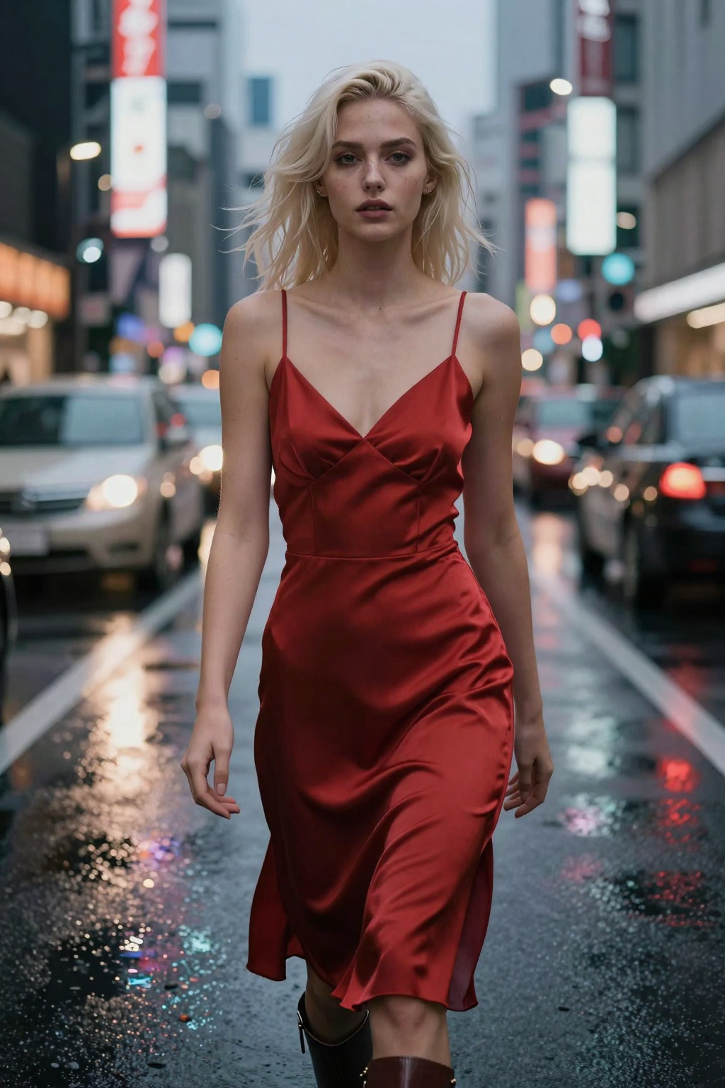A blonde woman in a red satin slip dress walks through a city street at night.