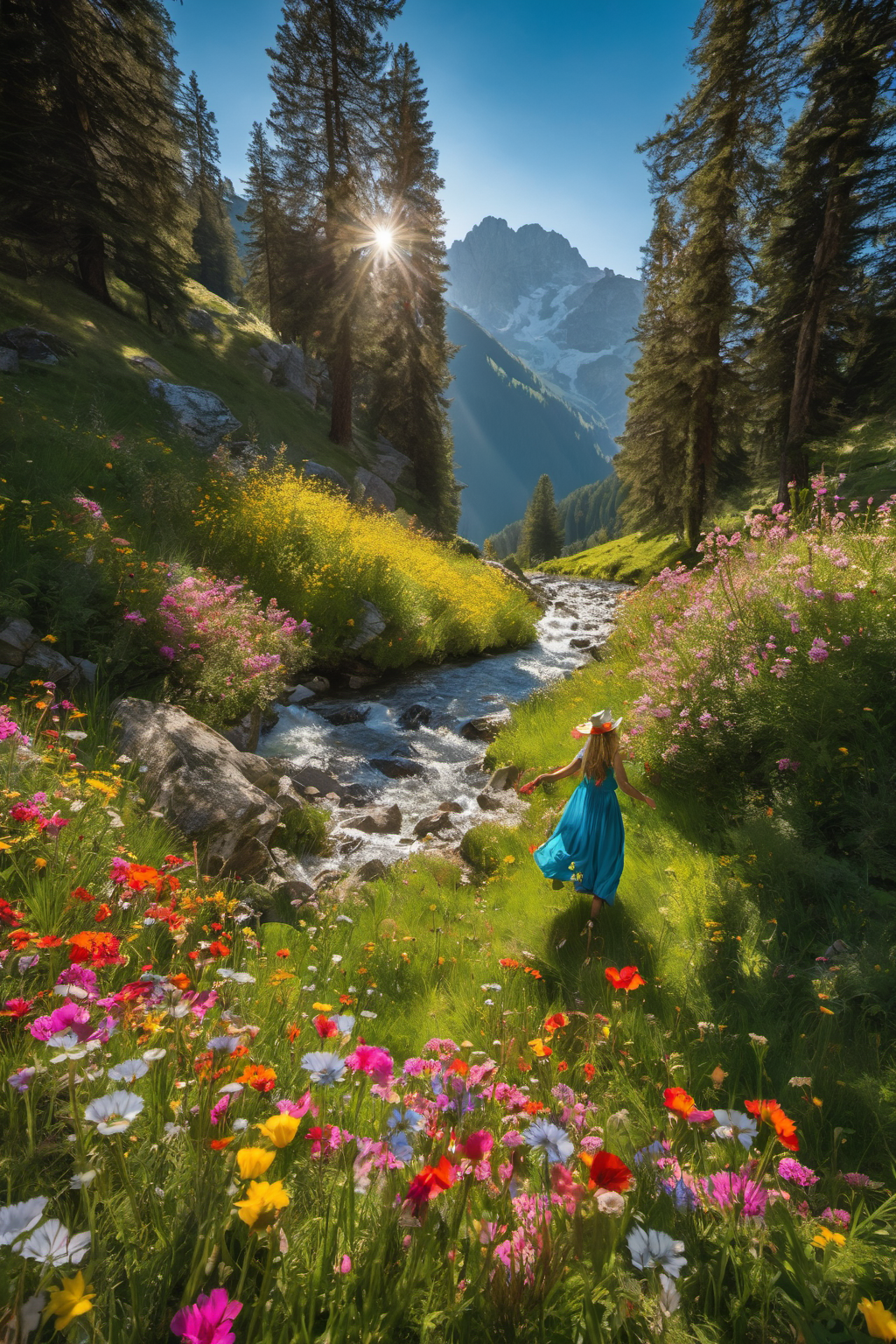 A woman in a blue dress walks through a vibrant wildflower meadow beside a mountain stream.