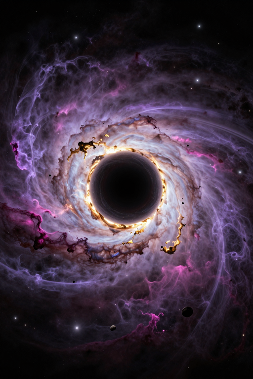 A dramatic digital illustration of a black hole surrounded by a swirling, glowing accretion disk in deep space.