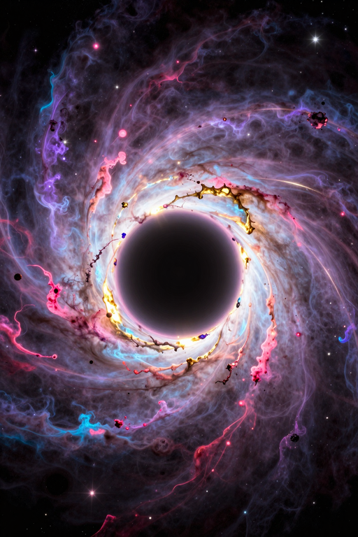 A dramatic cosmic visualization of a black hole surrounded by swirling colorful nebulae and bright light.