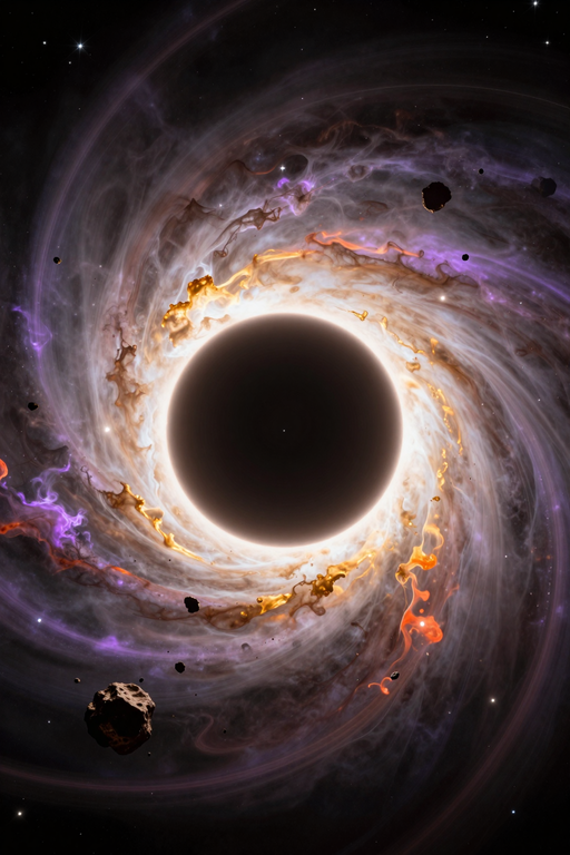 A dramatic visualization of a black hole surrounded by swirling cosmic dust and glowing light.