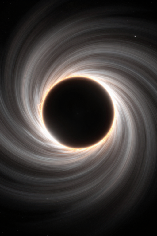 A dramatic visualization of a black hole surrounded by swirling cosmic light and dark matter.