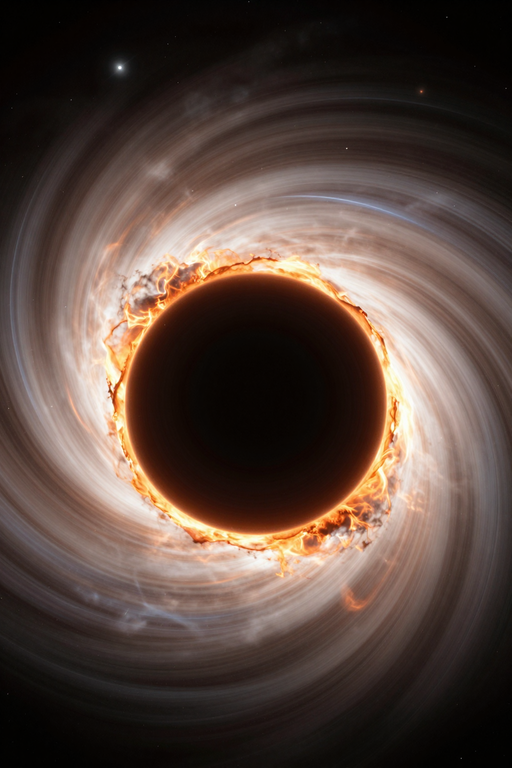 A dramatic visualization of a black hole surrounded by swirling cosmic dust and light.
