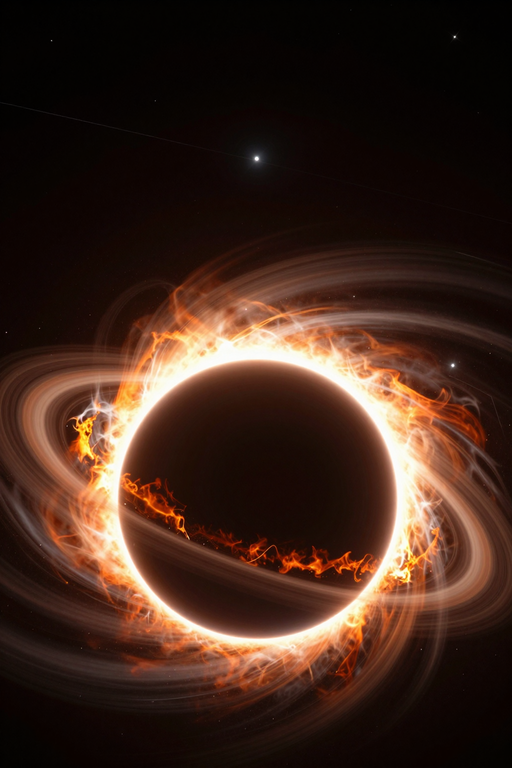 A glowing orange event horizon surrounds a dark black hole in deep space.