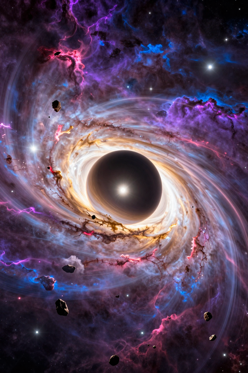 A mesmerizing depiction of a black hole surrounded by swirling colorful nebulae and distant stars.