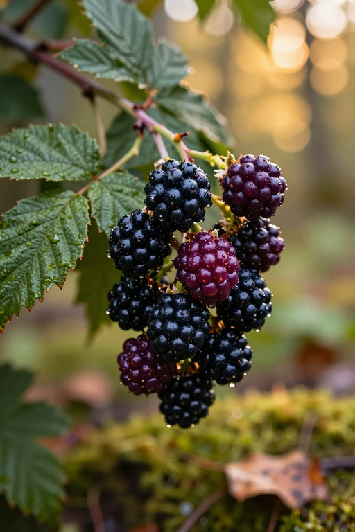 Fresh blackberries covered in dew drops cling to a leafy branch in soft sunlight.