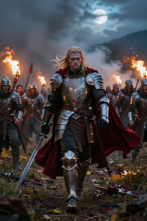 A blonde knight in silver armor and a red cape walks through a smoky battlefield at night.