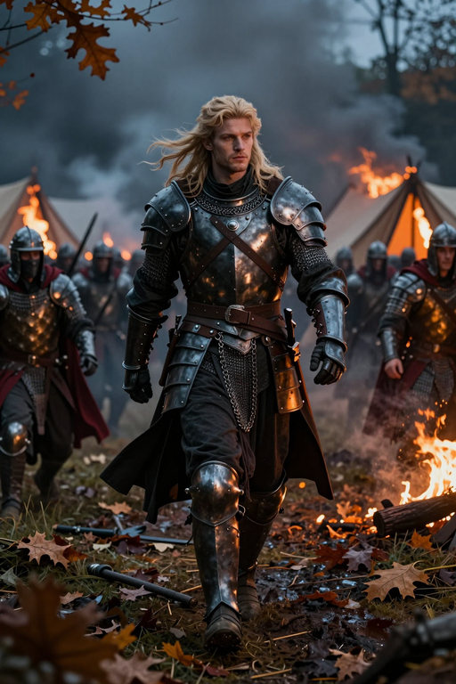 Un chevalier blond en armure de métal sombre marche à travers un camp médiéval enfumé.