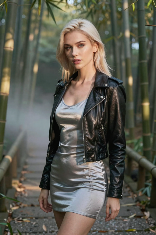 A blonde woman posing in a black leather jacket and silver dress within a bamboo forest.