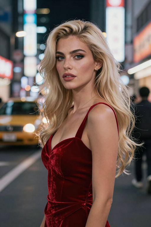 A beautiful blonde woman in a red velvet dress poses against a blurred city background at night.