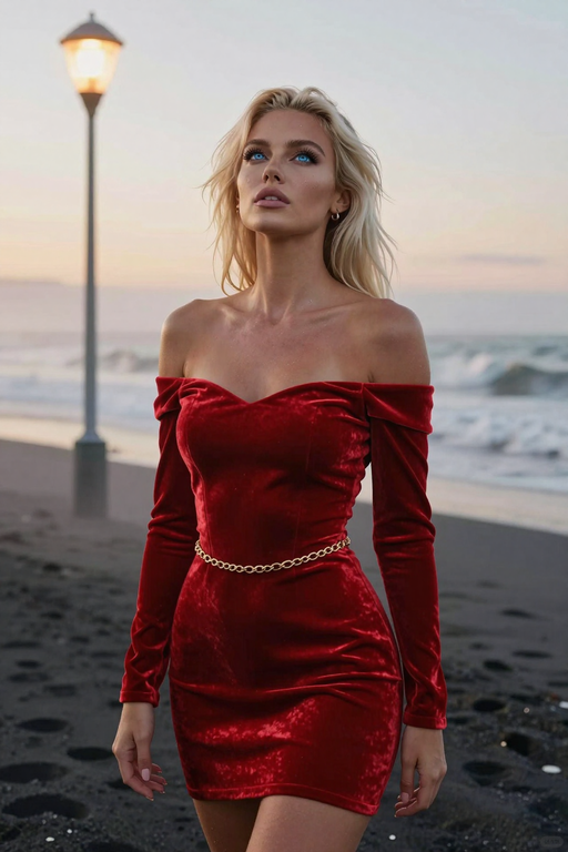 A blonde woman in a red velvet off-the-shoulder dress poses on a beach at dusk.