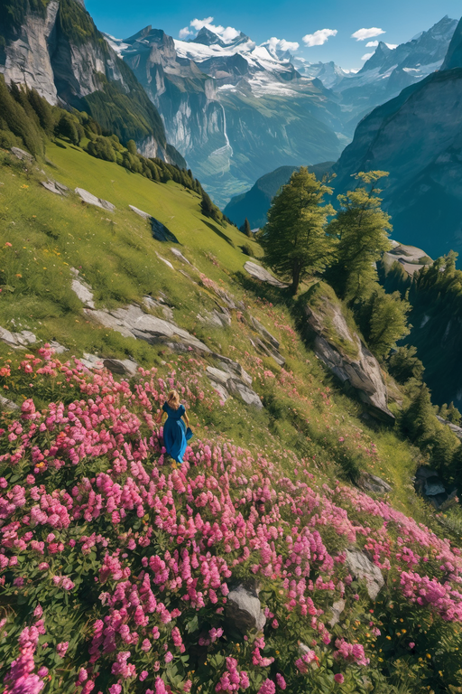 Une personne en robe bleue se tient au milieu de fleurs sauvages rose éclatant sur un versant de montagne luxuriant avec des sommets enneigés.