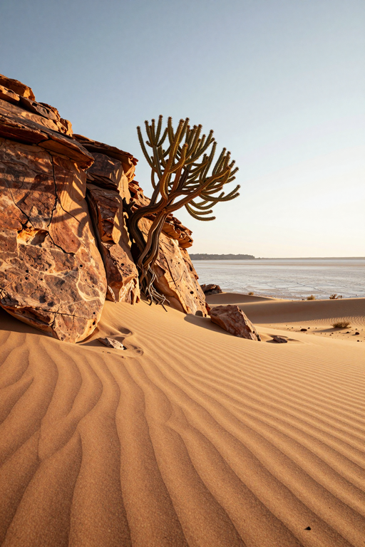 Un grand cactus se dresse de manière imposante au milieu de dunes de sable ondulantes dans un vaste paysage désertique.