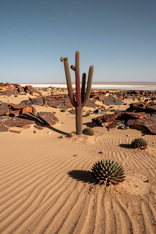 A tall cactus stands prominently amidst sand ripples and rocks in a vast desert landscape.