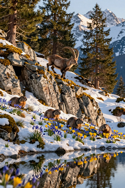 A chamois stands on a rocky, snow-covered slope surrounded by blooming blue and yellow wildflowers.