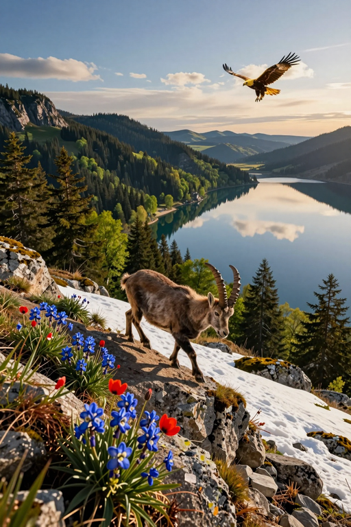 A chamois stands on a snowy mountain slope overlooking a serene alpine lake with an eagle soaring above.