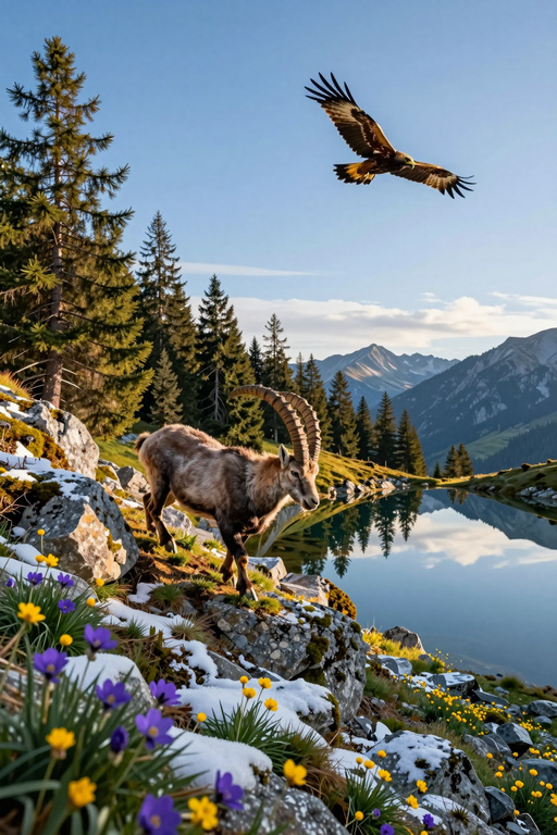 A chamois stands on a snowy rocky slope as an eagle flies above a mountain lake.