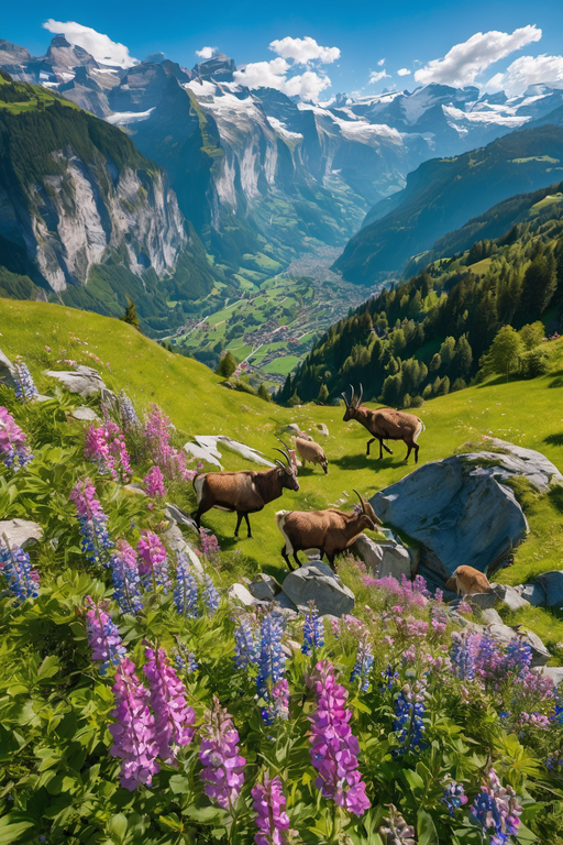 A group of chamois grazing on a lush green mountain slope surrounded by colorful wildflowers.