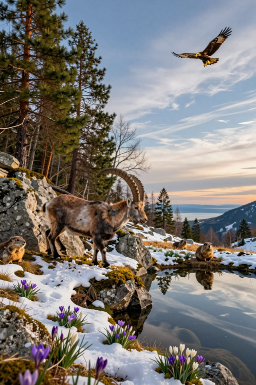 A group of chamois stands near a snowy mountain pond under a clear sky with an eagle flying above.