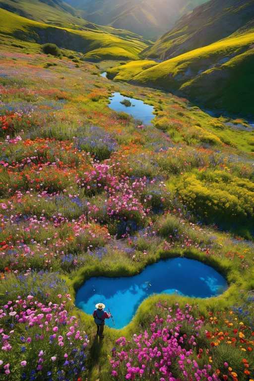 A person stands by a vibrant blue pond surrounded by colorful wildflowers in a lush mountain valley.
