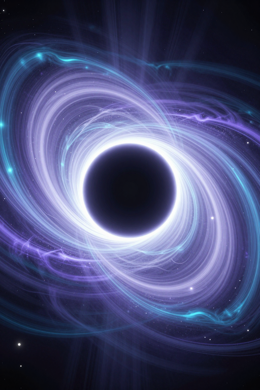 A mesmerizing depiction of a black hole surrounded by glowing blue and purple celestial swirls.