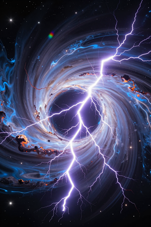 A powerful lightning bolt strikes through the center of a swirling cosmic black hole surrounded by stars.